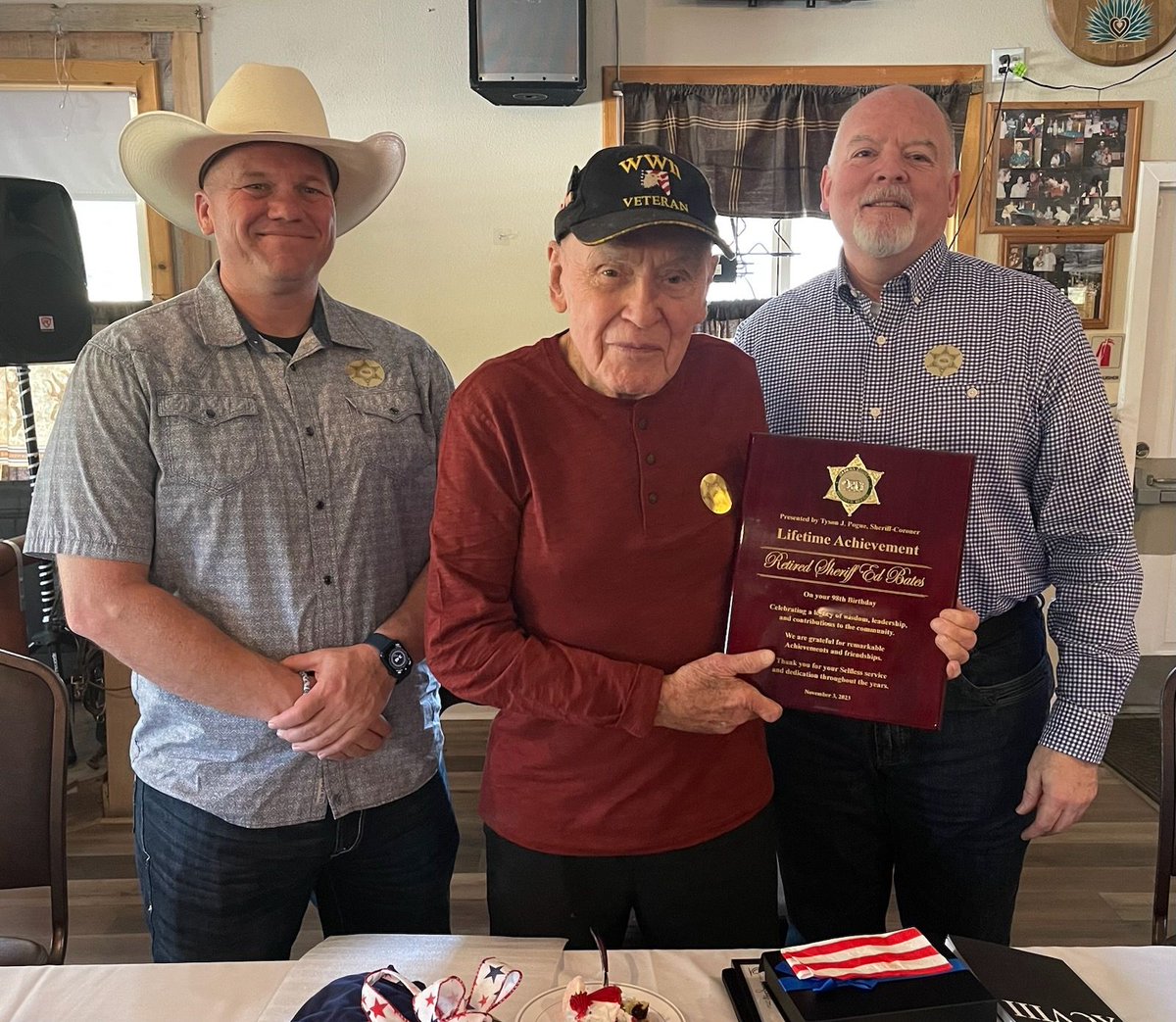 Madera County Sheriff Ed Bates (ret) with Present and Past Sheriff's on his 98th Birthday celebration at the Hitchin' Post restaurant in Ahwahnee, CA