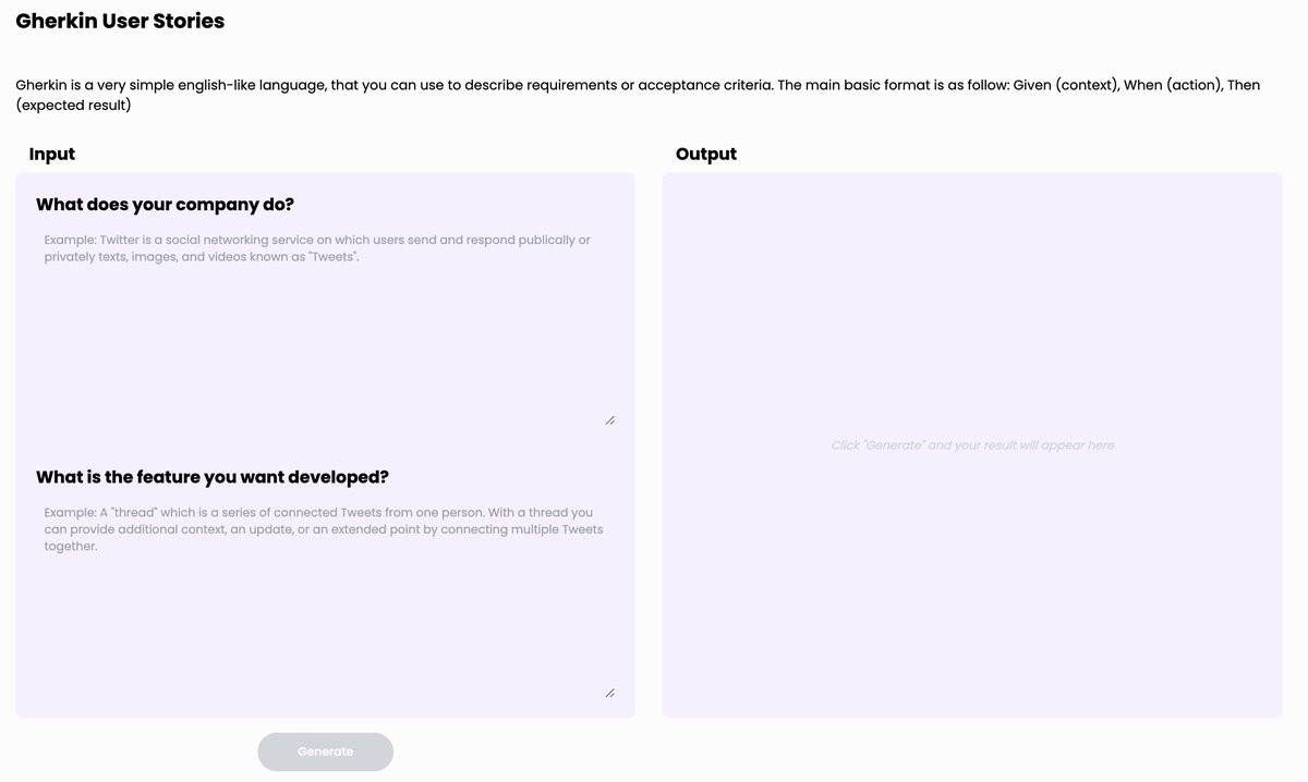 Looking for a different approach to crafting user stories? 🤔 Switch gears and give our Gherkin User Story Generator a go! Perfect for those who love a more concise set of requirements. #Gherkin #AgileTools #ProductManagement