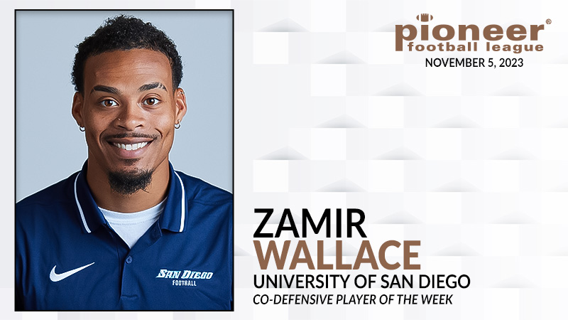 𝗣𝗙𝗟 𝗖𝗼-𝗗𝗲𝗳𝗲𝗻𝘀𝗶𝘃𝗲 𝗣𝗹𝗮𝘆𝗲𝗿 𝗼𝗳 𝘁𝗵𝗲 𝗪𝗲𝗲𝗸 @USDFootball cornerback Zamir Wallace had a busy fourth quarter at Presbyterian, forcing and recovering a fumble and scoring a pick-six.