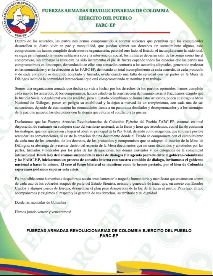 Region_365's tweet photo. #Urgente | Las disidencias de las FARC acaban de anunciar la suspensión de la mesa de diálogo con el gobierno de @petrogustavo , lo más grave del asunto es que al parecer el grupo disidente tiene secuestrado a un pelotón del @COL_EJERCITO https://t.co/k3l3sSZWz1