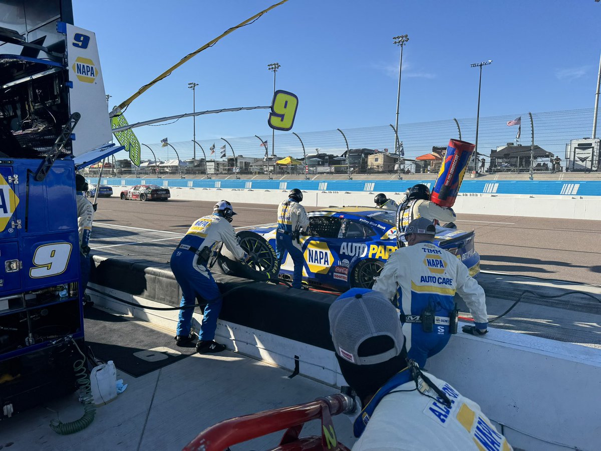 Four tires, fuel and an adjustment for the @NAPARacing Chevy during the stage break. #di9