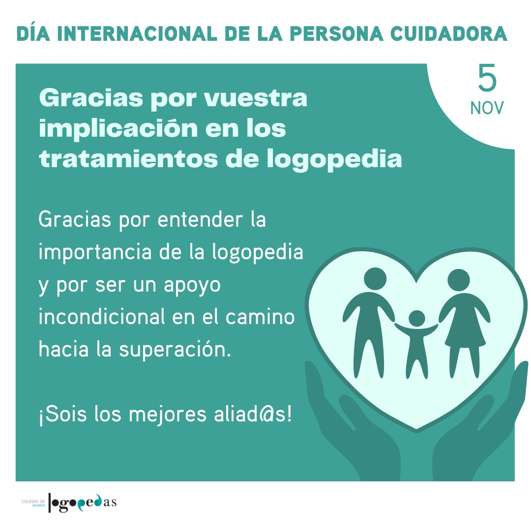 En el #DíaInternacionalDelasPersonasCuidadoras queremos agradecer a las familias y #personascuidadoras su apoyo en los tratamientos de #logopedia. 
🤗Sois nuestr@s grandes aliad@s. Gracias por vuestra constancia y perseverancia.
💙Estamos para apoyaros.  #CPLCM #logopedas