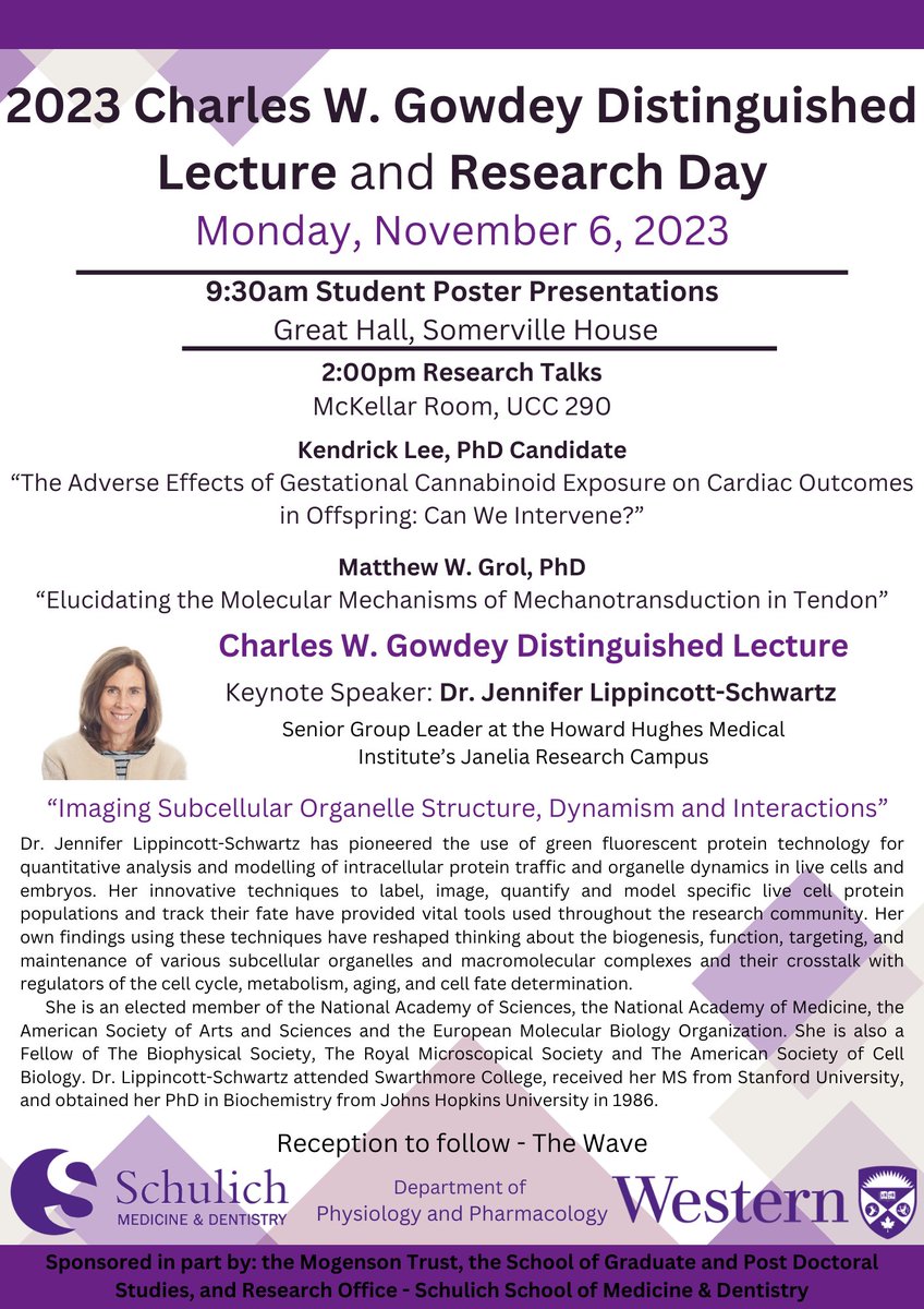 Really excited about the 2023 Charles W. Gowdey Distinguished Lecture and Department of Phys/Pharm Research Day happening tomorrow! Our keynote speaker will be Dr. Jennifer Lippincott-Schwartz @JLS_Lab. Please join us!