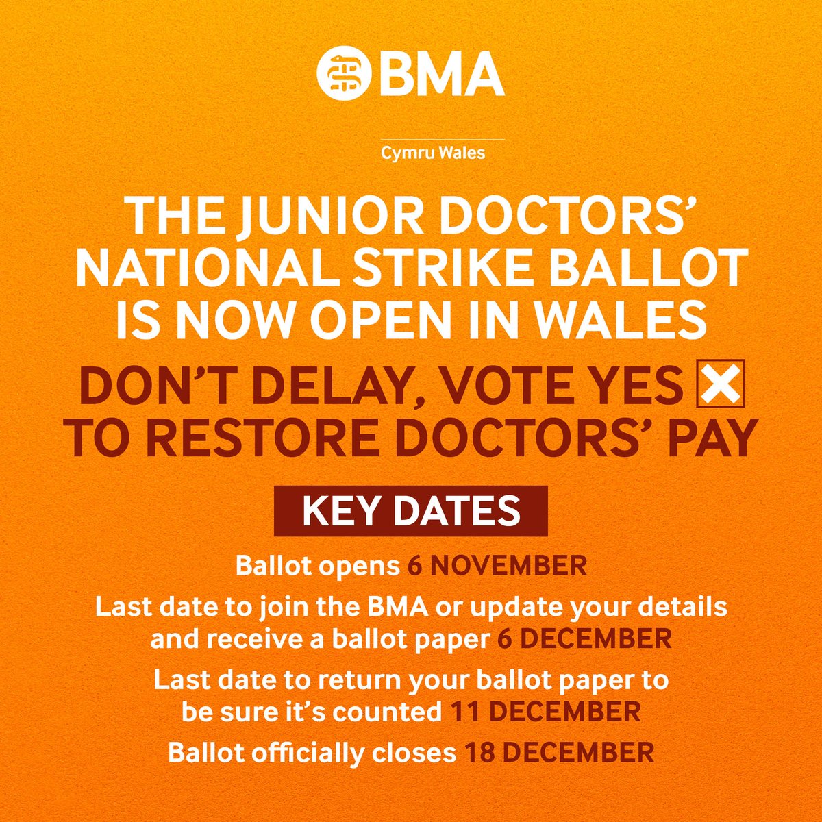 BMA_WRDC's tweet photo. ❎The junior doctors' national strike ballot is now open
📮If you’re already a BMA member, you should receive your ballot paper in the post this week
🗣️If you're not a member, it’s not too late to join and have your say
📅Here are the key dates to ensure your vote counts https://t.co/jRI6ARHkwP