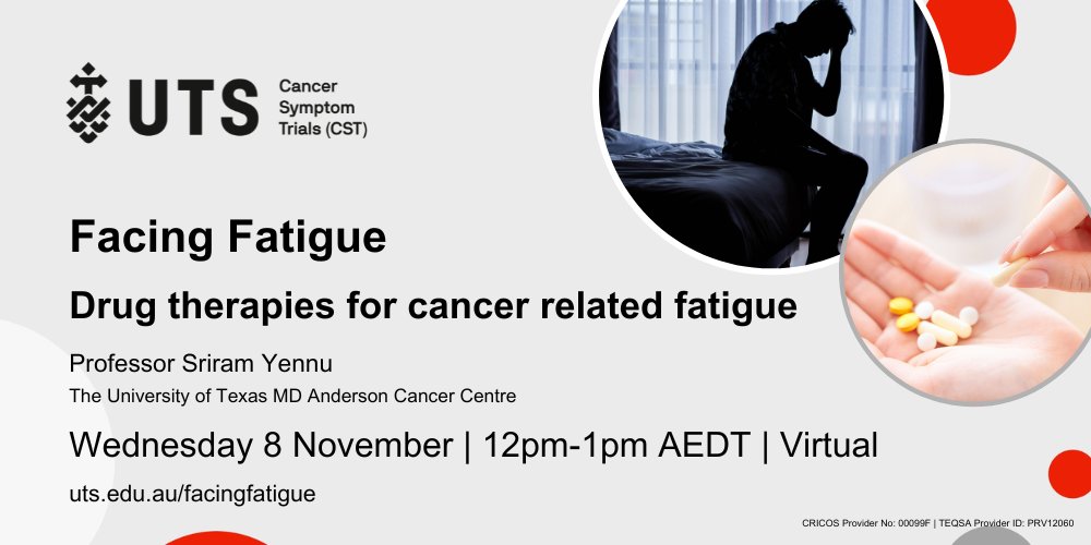 Join us this Wednesday for a free, online seminar with guest presenter Professor Sriram Yennu from the MD Anderson Cancer Center in Houston. Register here to learn more about drug therapies for cancer-related fatigue: uts.edu.au/facingfatigue #CancerFatigue #CancerResearch