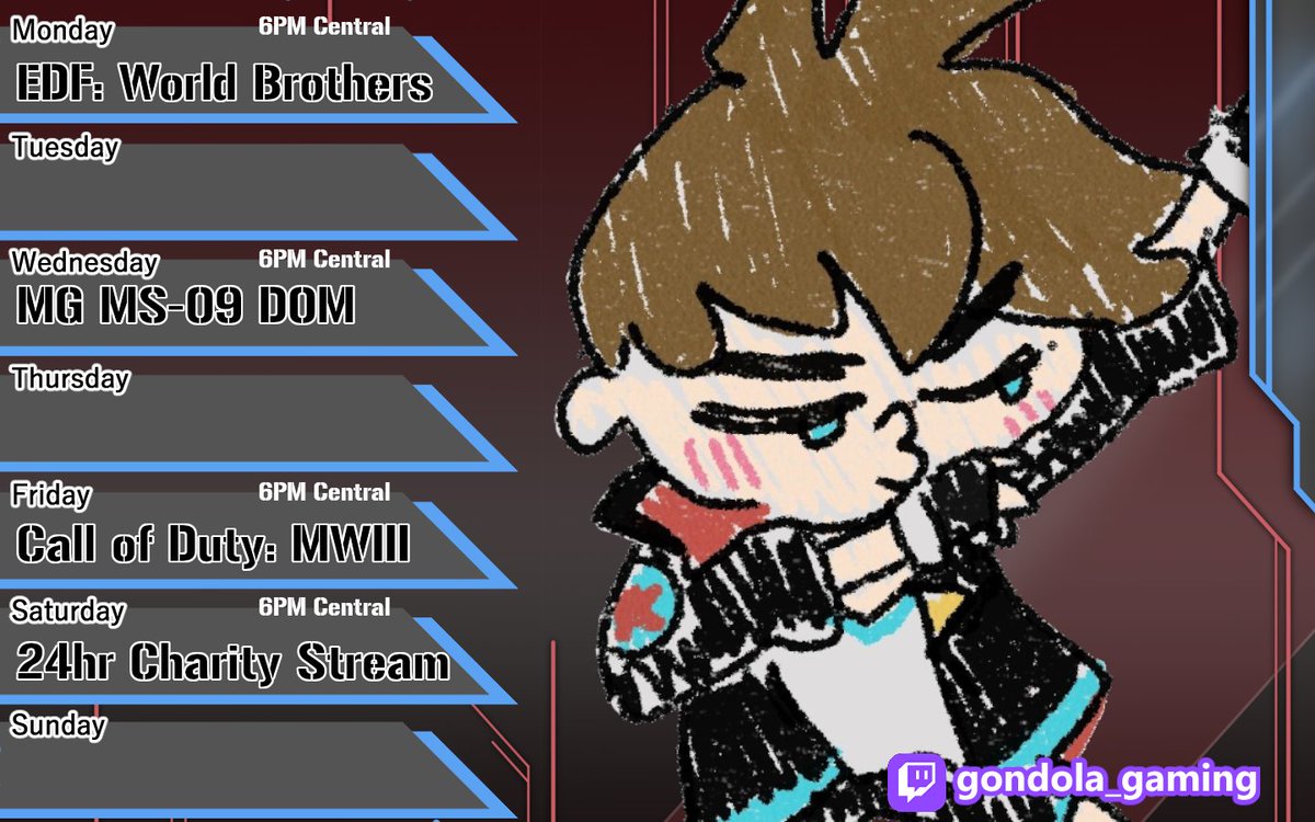 Gondo_Gaming's tweet photo. Schedule for the week is up, on Saturday I'll be doing a 24hr charity stream, lots of cool games and some cool people there.
Art by @/frexelnexen 
#ENVtuber #Vtuber https://t.co/0IOhtGWeVI