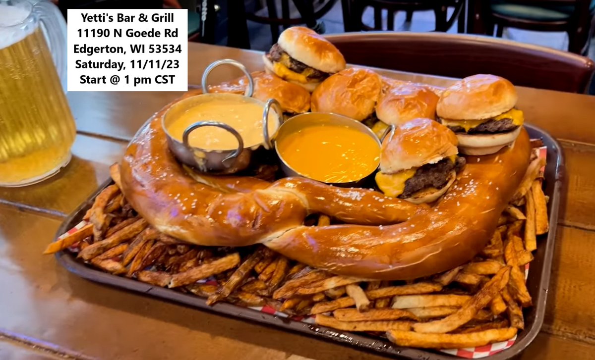 My final #foodchallenge of 2023 will be next Saturday 11/11 at 1 pm CST in Edgerton, Wisconsin!! My friend Ethan Teske and I will team up against the giant 16' Pretzel and Sliders Challenge hosted by Yetti's Bar & Grill!! It will be FB live-streamed for everyone to watch too!!