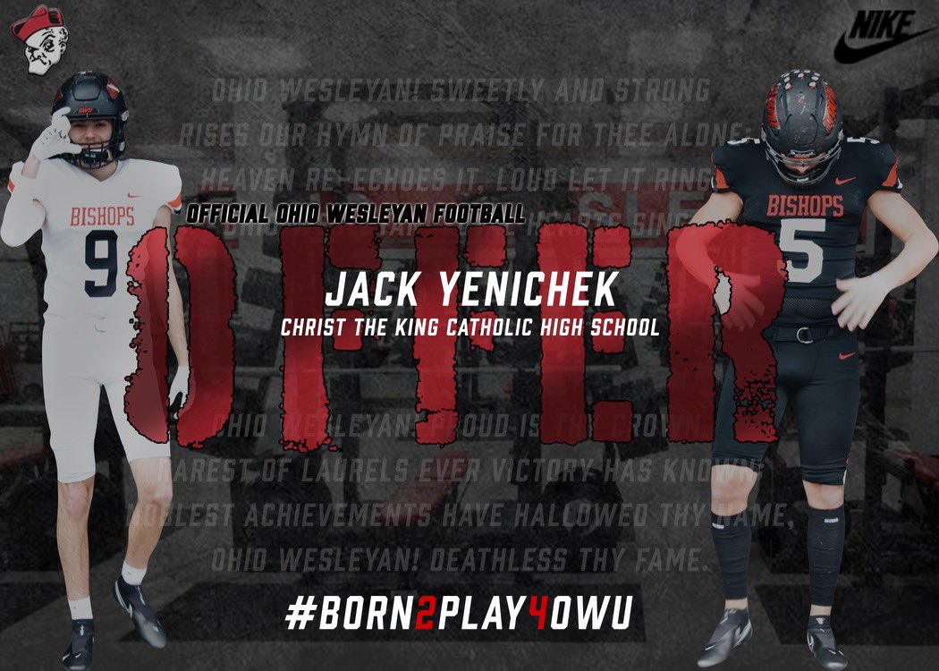 Jack Yenichek (@jack_yeni05) on Twitter photo After a great conversation with <a href="/CoachTomWatts/">Tom Watts</a> I am blessed to receive my first offer from <a href="/OWUBishopFB/">Ohio Wesleyan Football</a>! <a href="/bdecker30/">Coach Deck</a> <a href="/CTKCrusaders/">CTK Crusaders</a> After a great conversation with <a href="/CoachTomWatts/">Tom Watts</a> I am blessed to receive my first offer from <a href="/OWUBishopFB/">Ohio Wesleyan Football</a>! <a href="/bdecker30/">Coach Deck</a> <a href="/CTKCrusaders/">CTK Crusaders</a>