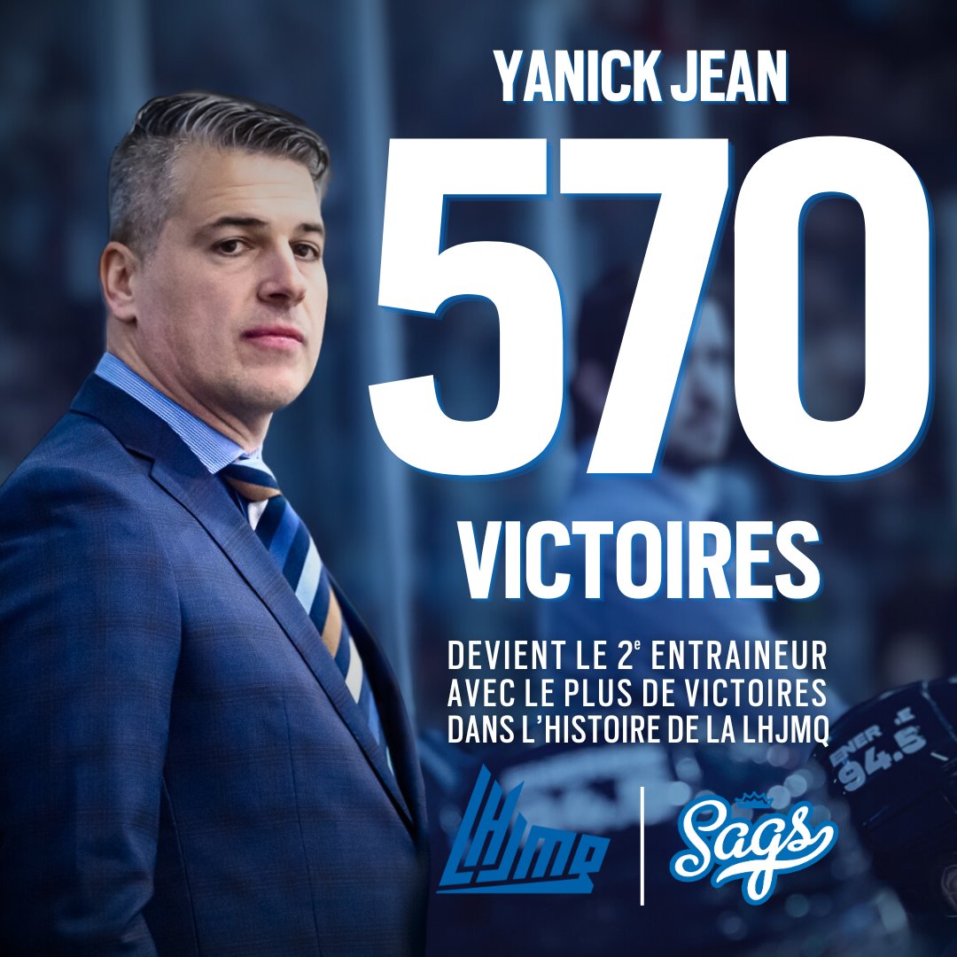 Avec une victoire de 1-0 face aux Remparts à Québec, Yanick Jean dépasse Guy Chouinard au 2e rang de l'histoire de la @lhjmq pour le nombre de victoires✌️

Félicitations Yan👏

#fierdetresags