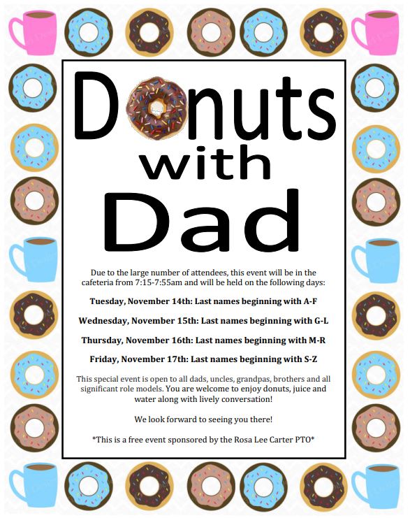 Rosa Lee Carter ES (@rlc_coyotes) on Twitter photo Donuts with Dad starts today! Check out the flyer to see which day to come. We hope to see you there! Come to the cafeteria door starting at 7:15 a.m. <a href="/PtoRlc/">Rosa Lee Carter PTO</a> <a href="/RLCPrincipal/">Diane Insari</a> Donuts with Dad starts today! Check out the flyer to see which day to come. We hope to see you there! Come to the cafeteria door starting at 7:15 a.m. <a href="/PtoRlc/">Rosa Lee Carter PTO</a> <a href="/RLCPrincipal/">Diane Insari</a>