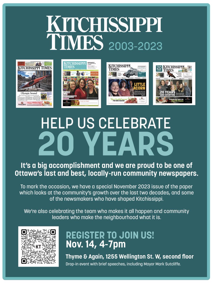 We are only a week and a half away from celebrating our 20th anniversary and we hope to see you there! Please join us on November 14 from 4pm to 7pm at Wellington West’s Thyme and Again. More details on the poster below. #ottnews