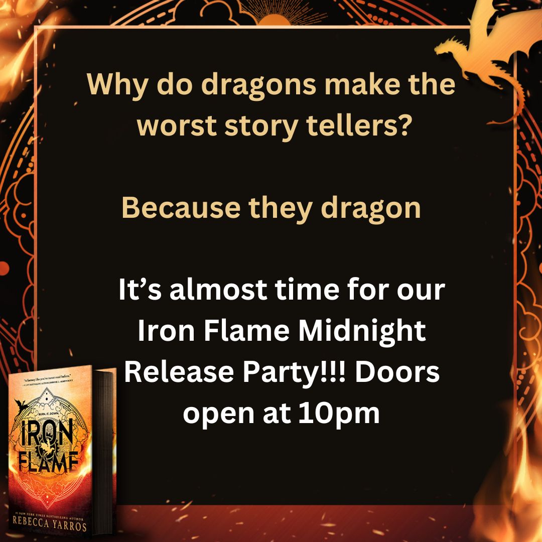 Just 1 day until the Iron Flame Release Party!!!! Doors open at 10pm and book sales begin at midnight! We can’t wait to see you there! 🎊 #IronFlame #bookclub #RebeccaYarros #BNTenecula #booksbooksbooks #fourthwing #midnightreleaseparty