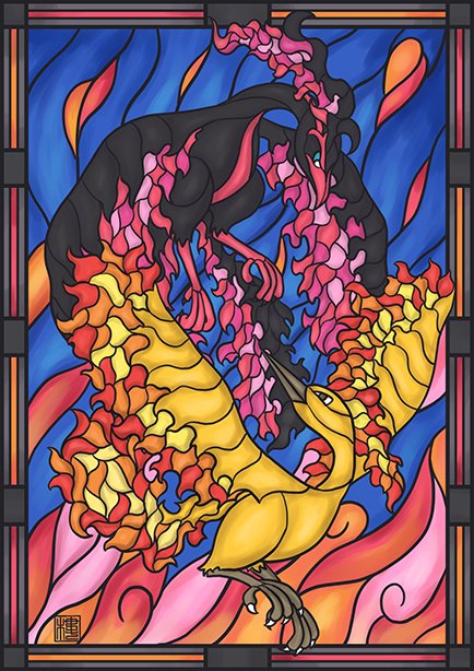 Hey hey it's been a while since I did some art! Here's the sequel to the Zapdos stained glass art - Moltres and Galarian Moltres stained glass^^ (Articuno coming eventually ofc)

#moltres #pokemonart