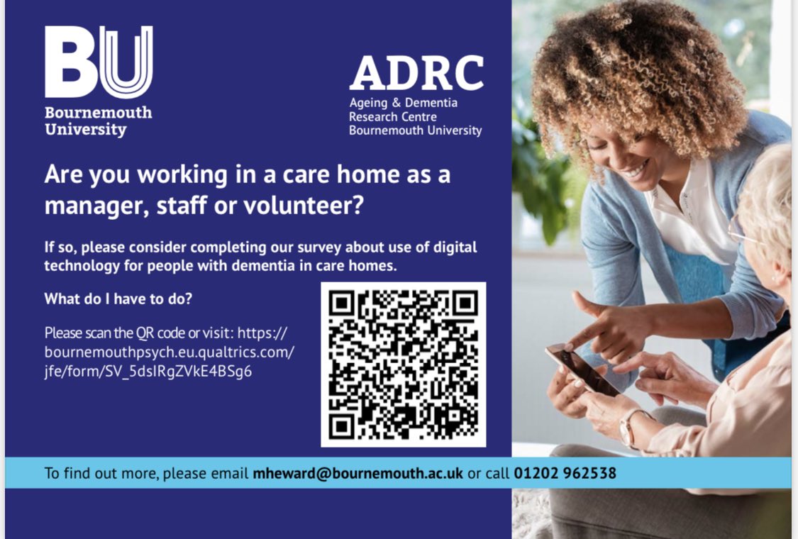 Michelle Heward (@hewardmichelle) on Twitter photo Are you working in a #carehome as a manager, staff or volunteer?
If so, please consider completing our survey about use of #digital #technology for people with #dementia in care homes. <a href="/BournemouthADRC/">The Ageing & Dementia Research Centre</a> <a href="/JaneLMurphy100/">Prof Jane Murphy</a> <a href="/LFenge/">Lee-Ann Fenge</a> <a href="/BU_Research/">Research @ Bournemouth University</a> <a href="/NIHRSSCR/">NIHR School for Social Care Research</a>
bournemouthpsych.eu.qualtrics.com/jfe/form/SV_5d… Are you working in a #carehome as a manager, staff or volunteer?
If so, please consider completing our survey about use of #digital #technology for people with #dementia in care homes. <a href="/BournemouthADRC/">The Ageing & Dementia Research Centre</a> <a href="/JaneLMurphy100/">Prof Jane Murphy</a> <a href="/LFenge/">Lee-Ann Fenge</a> <a href="/BU_Research/">Research @ Bournemouth University</a> <a href="/NIHRSSCR/">NIHR School for Social Care Research</a>
bournemouthpsych.eu.qualtrics.com/jfe/form/SV_5d…