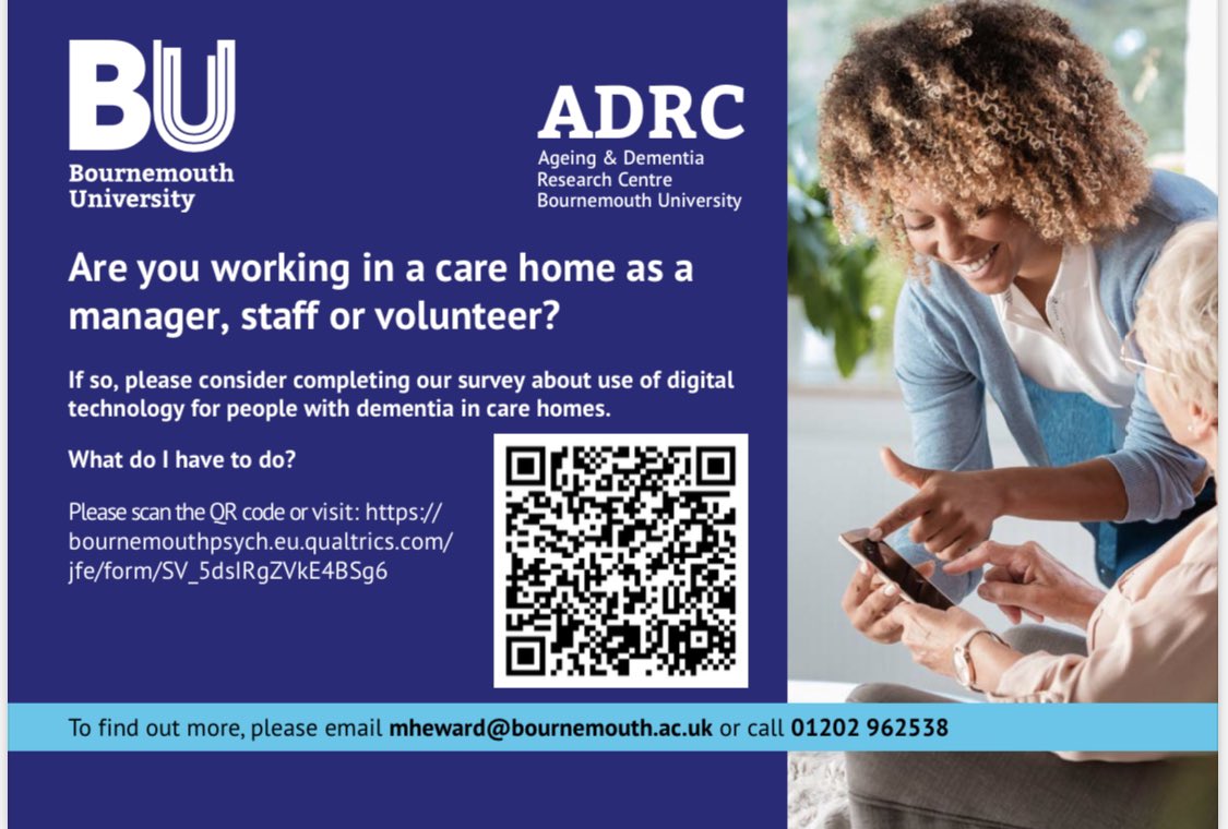 Are you working in a #carehome as a manager, staff or volunteer? If so, please consider completing our survey about use of #digital #technology for people with #dementia in care homes. @BournemouthADRC @JaneLMurphy100 @LFenge @BU_Research @NIHRSSCR bournemouthpsych.eu.qualtrics.com/jfe/form/SV_5d…