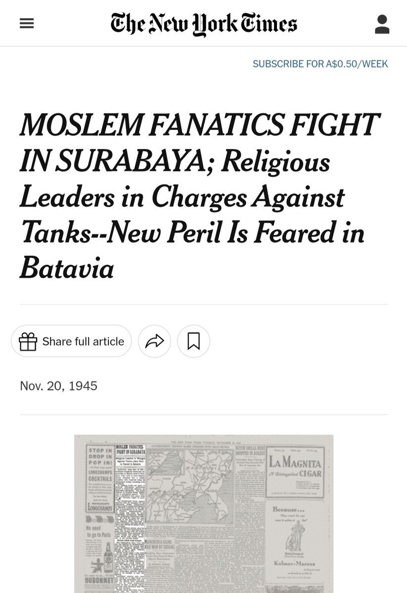 erwin_renaldi's tweet photo. My grandfather was among who fought for Indonesia's independence in Surabaya. But this article published by New York Times labeled him and other Indonesian soldiers as "Moslem Fanatics", "Moslem troops", "Indonesian extremists" (1) https://t.co/JwIl0PZzXc