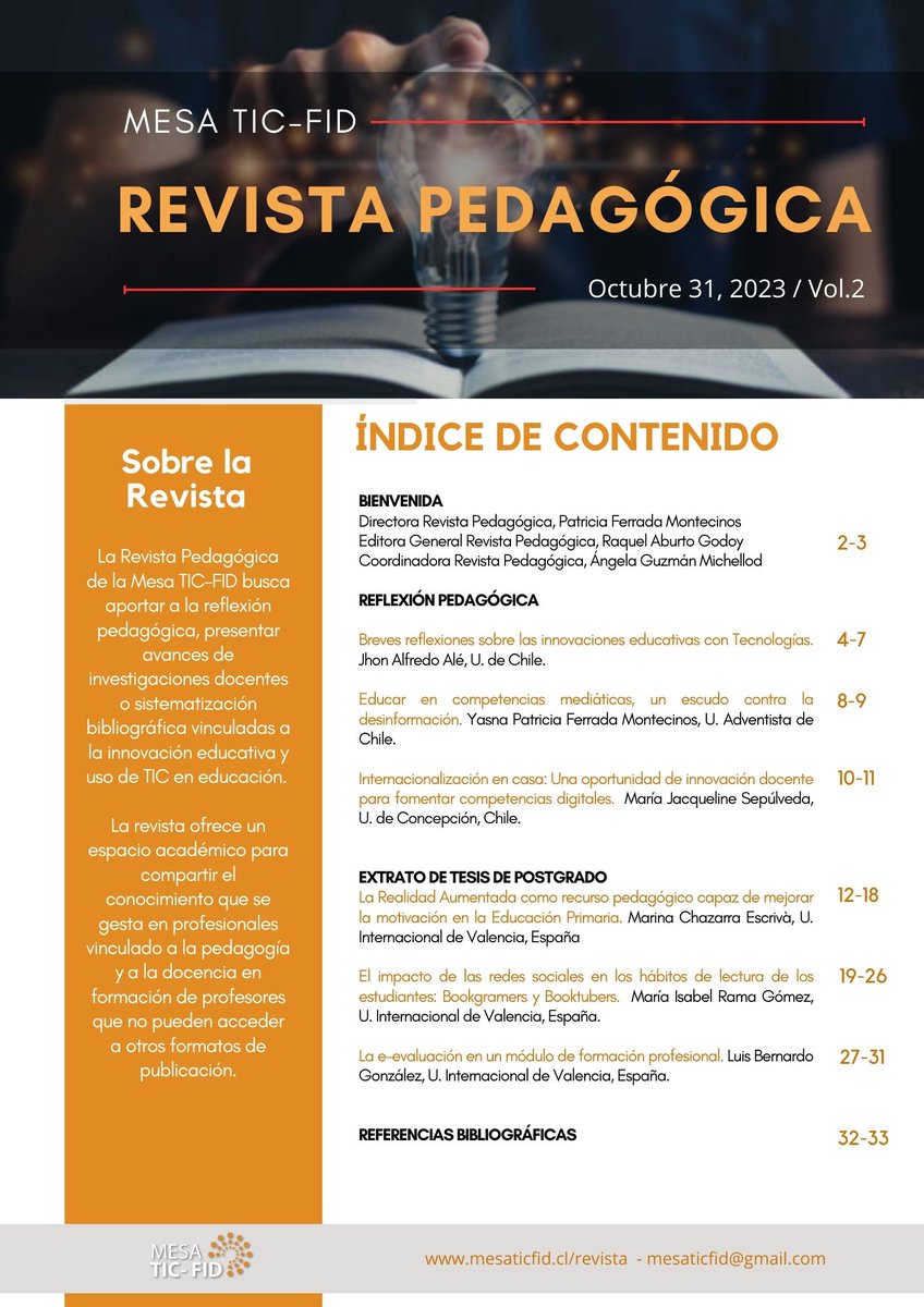 📥 DESCARGA: bit.ly/3Stin2d

📌 Ya está disponible el volumen 2 de la Revista Pedagógica de la <a href="/MesaTICenFID/">Mesa TIC-FID</a>. En este número, reflexiones pedagógicas y extractos de tesis de postgrado tanto de Chile como España.
