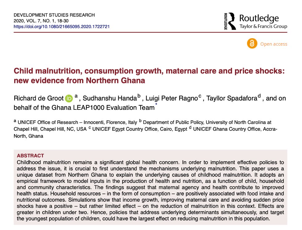 To solve a problem, you must understand its root causes.

This study from 🇬🇭 explores the mechanisms underlying child malnutrition &amp; how policies can address these. 

tandfonline.com/doi/full/10.10… 
@RALdeGroot <a href="/ashudirect/">Sudhanshu Handa</a> <a href="/PeteRagno/">Peter R</a> <a href="/tayllorspad/">tayllor spadafora</a> <a href="/tandfonline/">Taylor & Francis Research Insights</a>