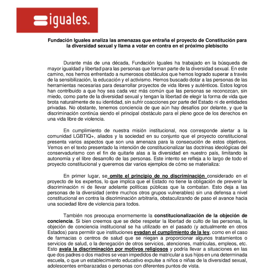 IgualesChile's tweet photo. 🔴 DECLARACIÓN Fundación Iguales| De cara al #PlebiscitoDeSalida, analizamos la propuesta de #NuevaConstitución y hacemos un llamado  responsable a votar #EnContra de esta propuesta. https://t.co/AjZIhXDwh6