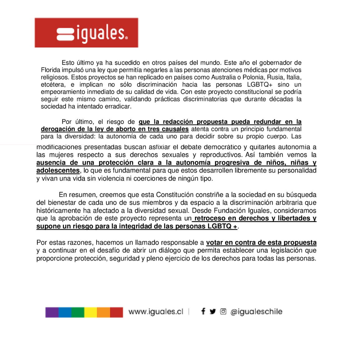 IgualesChile's tweet photo. 🔴 DECLARACIÓN Fundación Iguales| De cara al #PlebiscitoDeSalida, analizamos la propuesta de #NuevaConstitución y hacemos un llamado  responsable a votar #EnContra de esta propuesta. https://t.co/AjZIhXDwh6