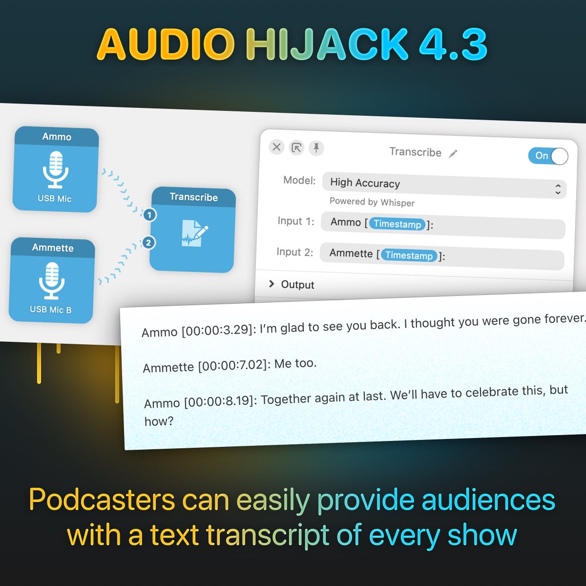 Audio Hijack is a podcaster’s best friend and with the new Transcribe block, it’s more helpful than ever. Create transcripts for your audience, to go along with the audio. weblog.rogueamoeba.com/2023/11/02/tur…