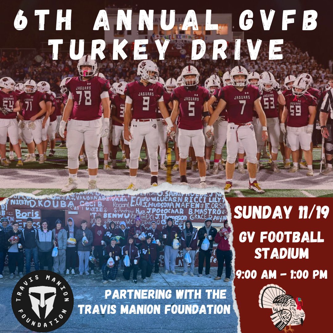 Garnet Valley Football (@garnetvalleyfb) on Twitter photo GV Community, Save the Date! On Sunday, November 19th, from 9 AM to 1 PM we will be collecting turkeys for our community in need. This is the 6th annual year we are partnering up with <a href="/TMFoundation/">Travis Manion Foundation</a> and <a href="/Jimmywhiteiv1/">Jimmywhiteiv</a>. Our Goal is 400 Turkeys this year!! <a href="/Coach_Wrez/">Dave Wrzesniewski</a> GV Community, Save the Date! On Sunday, November 19th, from 9 AM to 1 PM we will be collecting turkeys for our community in need. This is the 6th annual year we are partnering up with <a href="/TMFoundation/">Travis Manion Foundation</a> and <a href="/Jimmywhiteiv1/">Jimmywhiteiv</a>. Our Goal is 400 Turkeys this year!! <a href="/Coach_Wrez/">Dave Wrzesniewski</a>