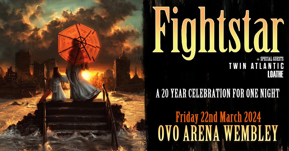 It's with great honour that we get to invite you all to our biggest ever headline show at OVO Arena Wembley with our friends <a href="/twinatlantic/">Twin Atlantic</a> and <a href="/loatheasone/">Loathe</a> as a very special celebration of our 20th Birthday 💥 For presale tickets this Wednesday at 9AM: fanlink.to/FightstarSignUp
FSx