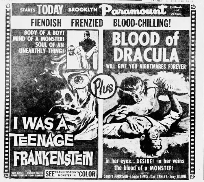 LouLumenick's tweet photo. NY TV debut 11/20/63 at 11:20 pm on WABC's "The Best of Broadway.'' American International Pictures' riff on vampirism was double-billed with one of its better-known horrors on 2/19/58 in Brooklyn. https://t.co/4LbuzLoK3W