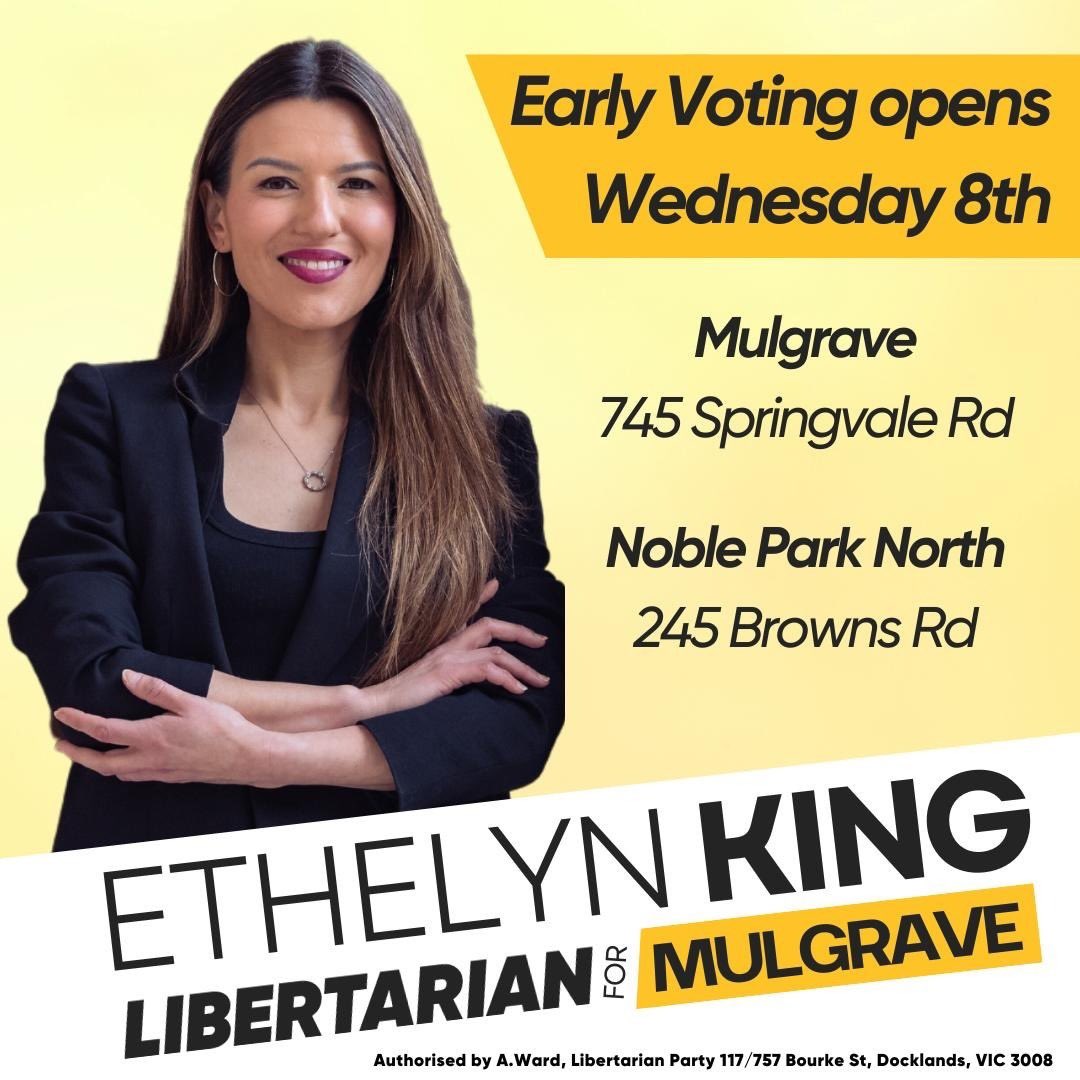 Good morning Mulgrave ☀️

Early voting opens this Wednesday - you can vote #1 for me in the very first box on the ballot paper 

Vote #1 in Box #1

#votelibertarian