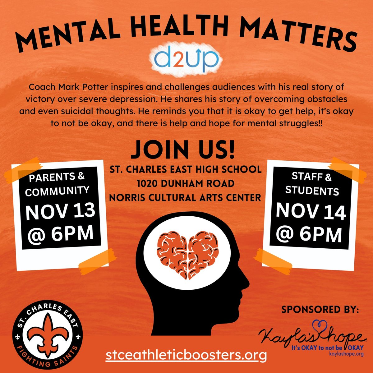 bobeboy1969's tweet photo. We are one week away.  Please join us on Monday night at the Norris Cultural Art's Center at 6:00pm. The whole St. Charles community is invited to attend this event.  Special Thank you to Kayla's Hope for sponsoring this event https://t.co/SNhdSRX1OD