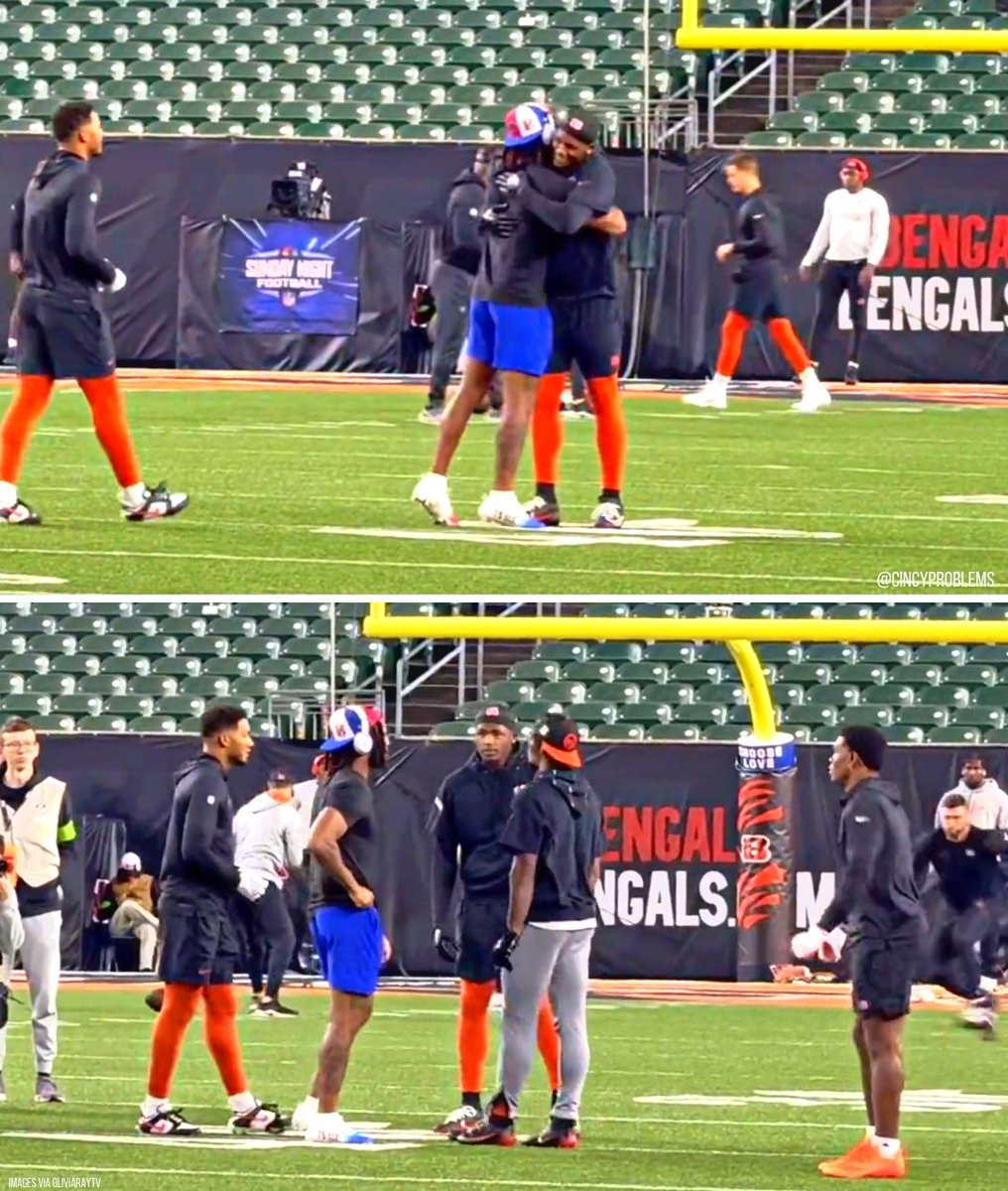 CincyProblems's tweet photo. Damar Hamlin ran over to hug Tee Higgins, Ja’Marr Chase, and Tyler Boyd during pregame warm-ups. 🫶 #Bengals #Bills #SNF https://t.co/nZHTiDt2GR