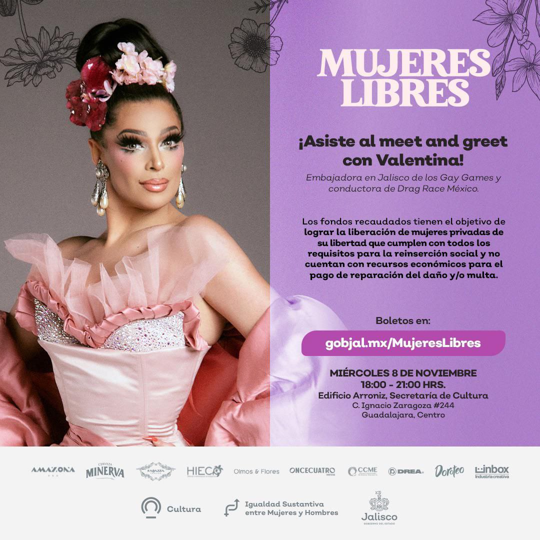 ¡Conoce en vivo a Valentina, embajadora de los Gay Games Guadalajara 2023 y conductora de Drag Race México! El meet&greet tendrá lugar el próximo miércoles a las 18:00 h. 🌈🎉🙌 
Consigue tus boletos en gobjal.mx/MujeresLibres

#GGGdl2023 #MujeresLibres