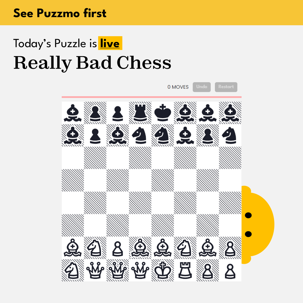 puzzmotoday's tweet photo. There's still time to see Puzzmo first. Solve today's Really Bad Chess to claim your key for access.

https://t.co/SMXWzWHeuR #puzzmo #puzzmotoday #reallybadchess #keydrop https://t.co/l5gG7mj5mT