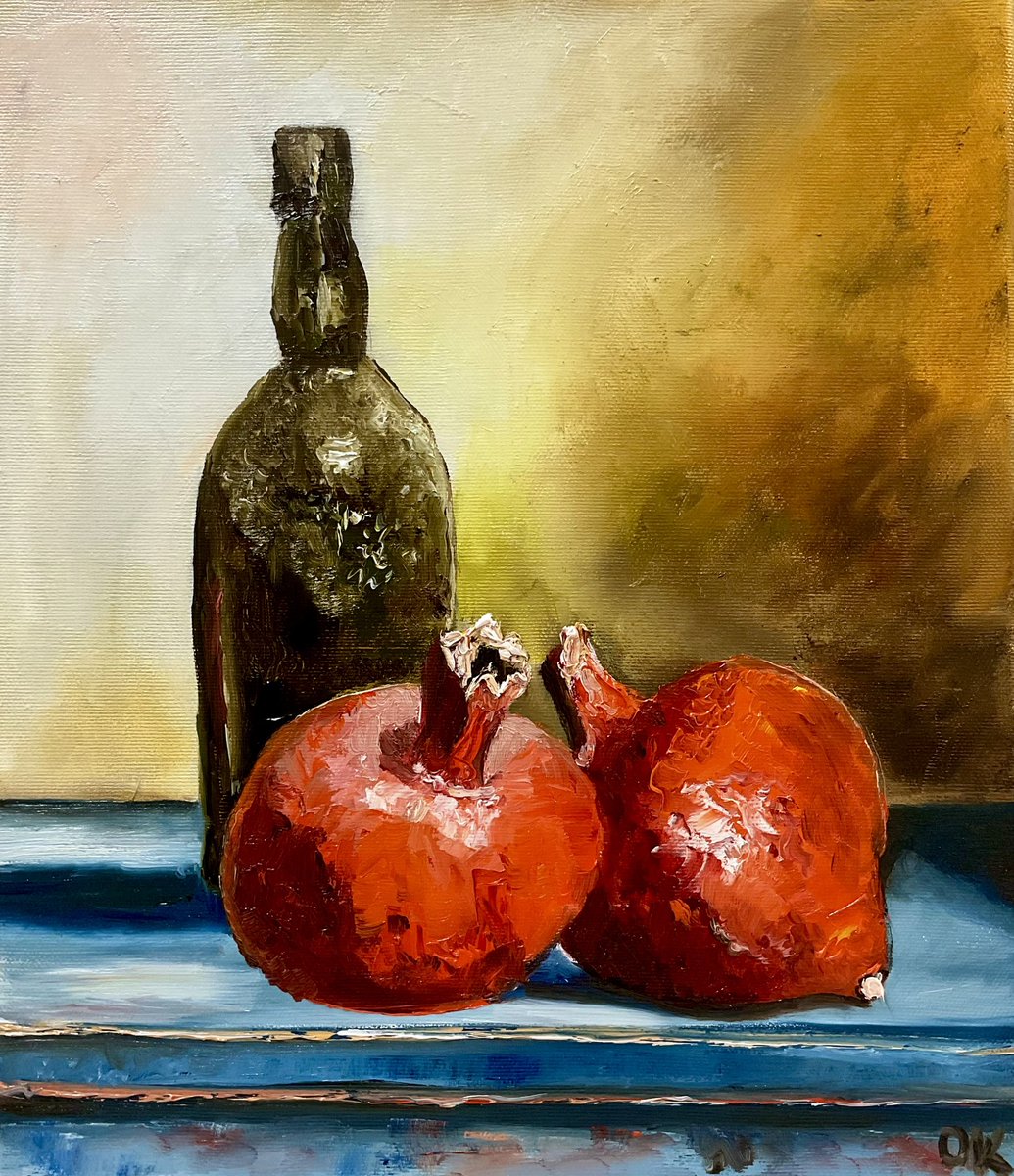 Olga Koval - 2 pomegranates and an old bottle (2023) Painting, 35.6x30.4 cm artmajeur.com/olgakoval/en/a…