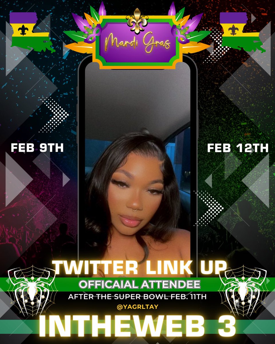 spydaforthewin's tweet photo. If you are coming to #InTheWeb3
⚜️Mardi Gras Edition⚜️

🚨THIS IS HOW YOU GET INTO THE GROUP CHAT. 

📝 Register on #Eventbrite and send DM me the proof and I will add you shortly after. 

📍 New Orleans, LA
🗓️ February 9th-12th

Fri - Arrival
Sat - Parade Bar Hop
Sun - Twitter Party 

⁃ Headshots 📸
⁃ Shots 🍻
⁃ Confessionals 🎥
⁃ DJ 🎧
⁃ Entry Fee Girls Free/ Dudes $25

https://t.co/e3wxG7XmY6
