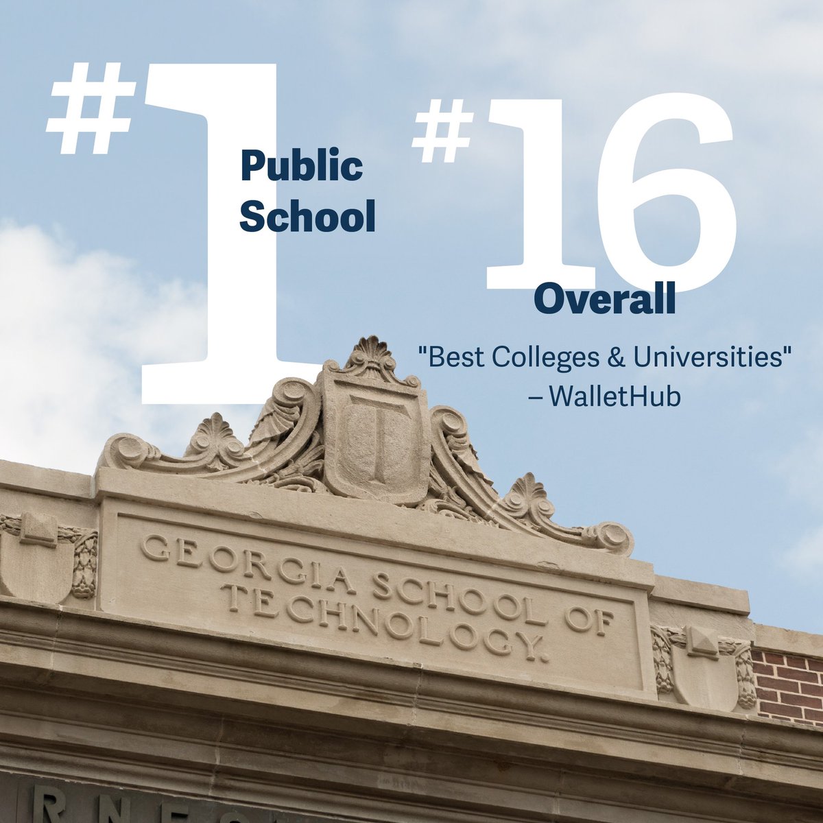 WalletHub has placed Georgia Tech at Number 16 out of 857 in its latest ranking of best colleges and universities across the nation and as the top-ranked public school on the list! It's always a great day to be a #GTalumni 🐝🏆

b.gatech.edu/40ock0I