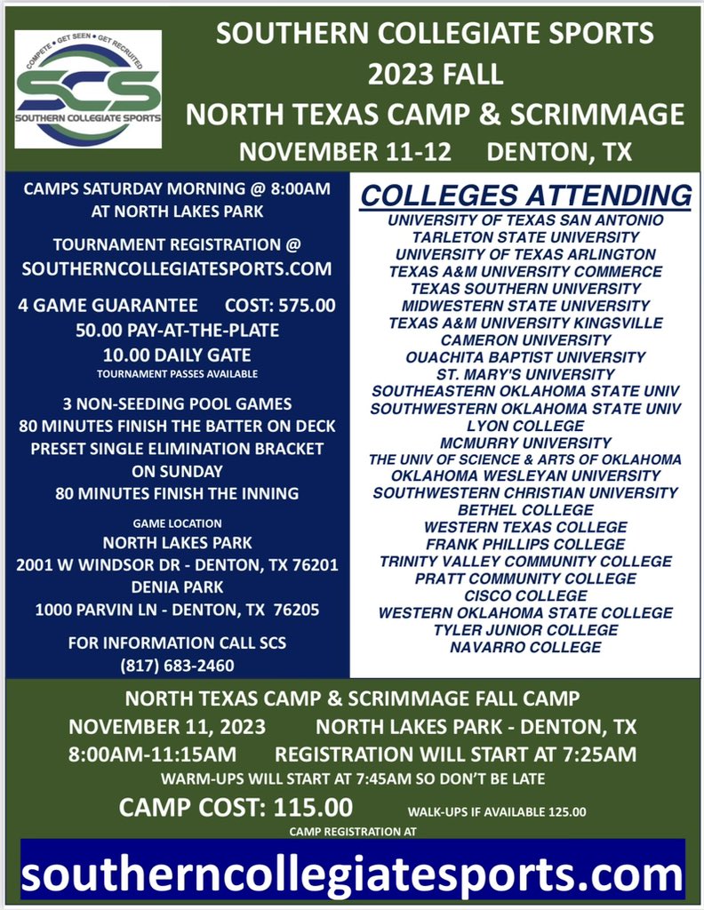2023 FALL SCS
NORTH TEXAS CAMP &amp; SCRIMMAGE NOVEMBER 11 &amp; 12    

🥎THE RECRUITING CAMP
🥎Camp Registration Link:  register.ryzer.com/camp.cfm?sport…

🥎TOURNAMENT INFORMATION 
4 Game Guarantee   
COST: 575.00

Tournament Registration Link: triplecrownseries.com/north-texas-ca…