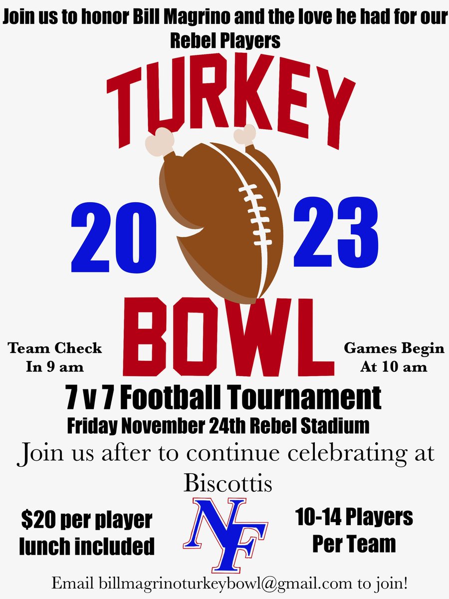RebelsNf's tweet photo. Attention all Rebel players, past and present!!  Form your 7x7 squad and join us on Friday, November 24th to remember and honor Bill Magrino. https://t.co/PLhtCgG5fm