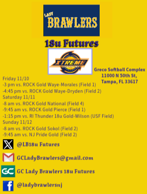 GC Lady Brawlers 18u Gold (formerly 18u Futures) (@lb18ugold) on Twitter photo Heading to Tampa this weekend for the Xtreme Dimensions Veterans Day Showcase.
Excited for the opportunity to play in front of a bunch of colleges including a game on <a href="/USFSoftball/">USF Softball</a> field. Heading to Tampa this weekend for the Xtreme Dimensions Veterans Day Showcase.
Excited for the opportunity to play in front of a bunch of colleges including a game on <a href="/USFSoftball/">USF Softball</a> field.