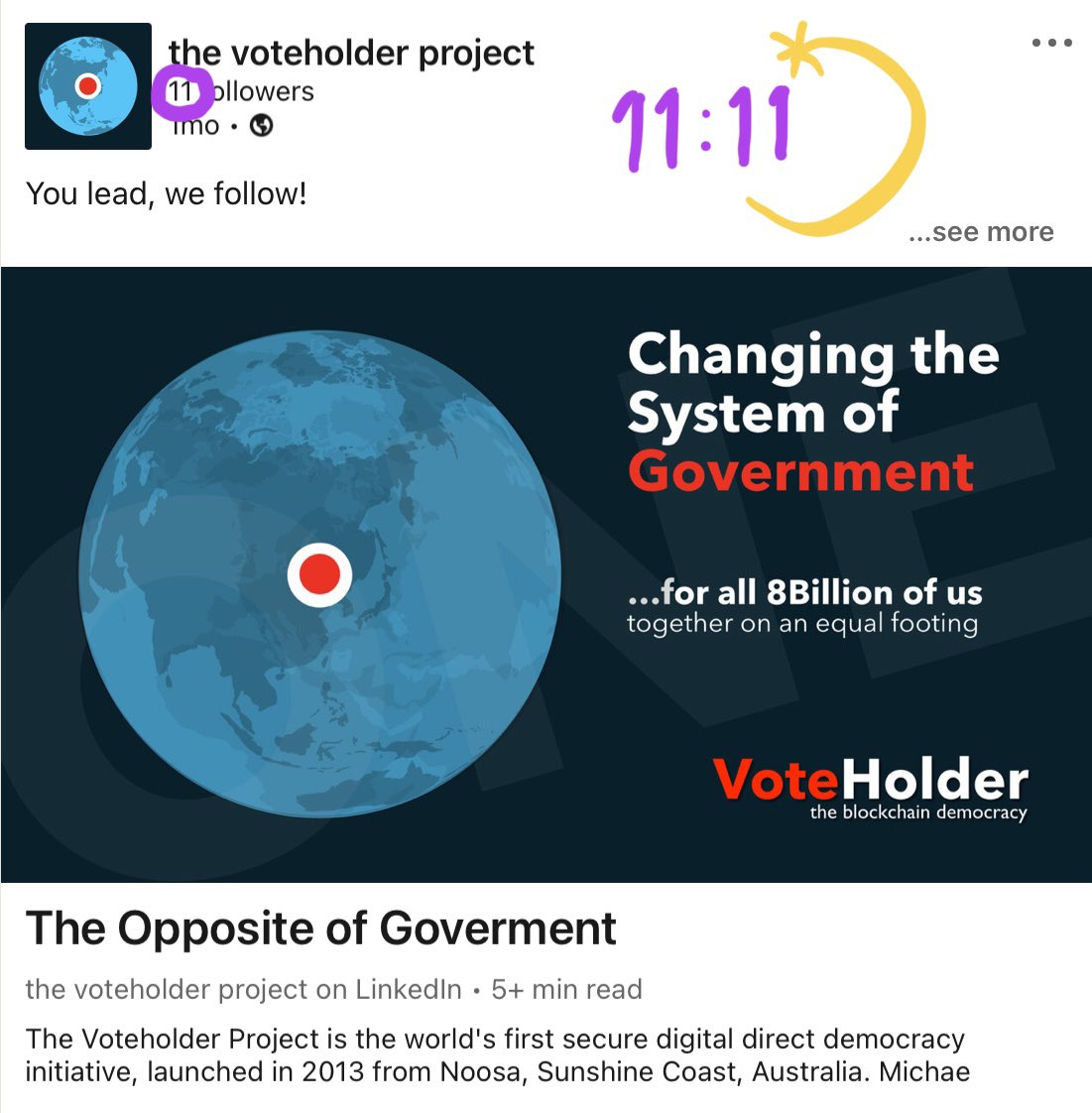 voteholder's tweet image. It’s a sign.

11 represents a master number of optimism, and realignment with #intuition and the presence of spiritual guidance. 💫

So, Vote Different ✅
🔎 voteholder.org

#SpiritualIntelligence #decentraliseddirectdemocracy ✌️
