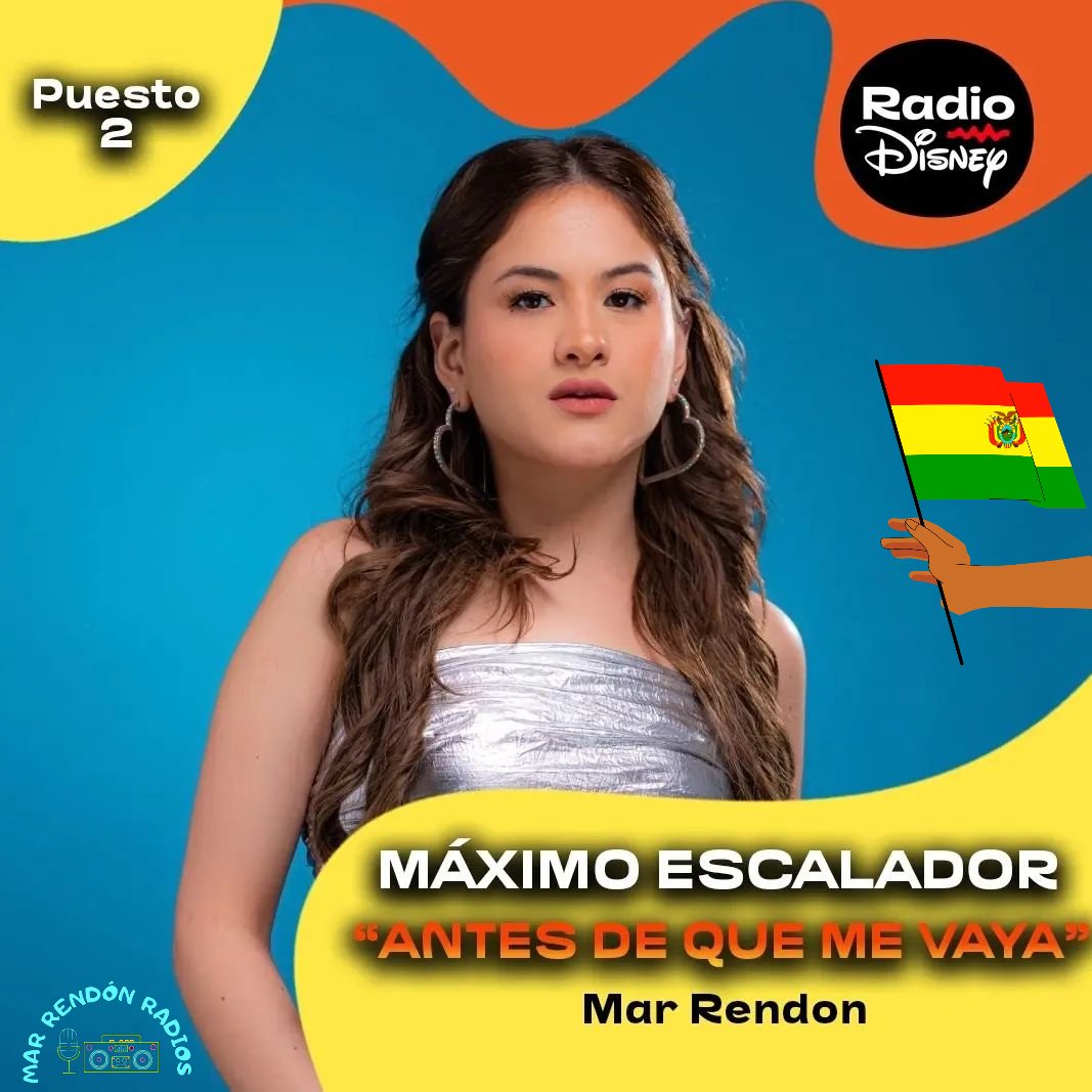 MarRendonRadios's tweet image. Felicidades 🎉 @MarRendonMusica 👏🏻 por obtener el puesto #2 en el #RankingRD de @RadioDisneyBo 🇧🇴🤟🏻

° Siguiente misión llevarla al puesto🥇🏆 , se apuntan?? 👽

#MarRendónRadios #RadioDisneyBolivia #MARcianos #ADQMV #MarRendón #TeamMarRendón #Ecuador #Mexico #TeamMarRendon
