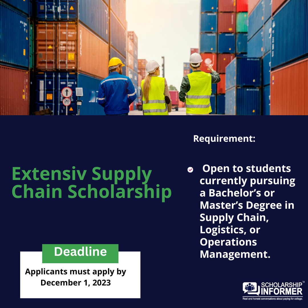 #Scholarship: Open to students currently pursuing a degree in #SupplyChain, #Logistics, or #OperationsManagement.

Due by 12/1/23: siapply.today/JBKi

#OwnYourDegree #scholarships  #collegestudents #gradschool #transportation #supplychainmanagement #logisticsmanagement