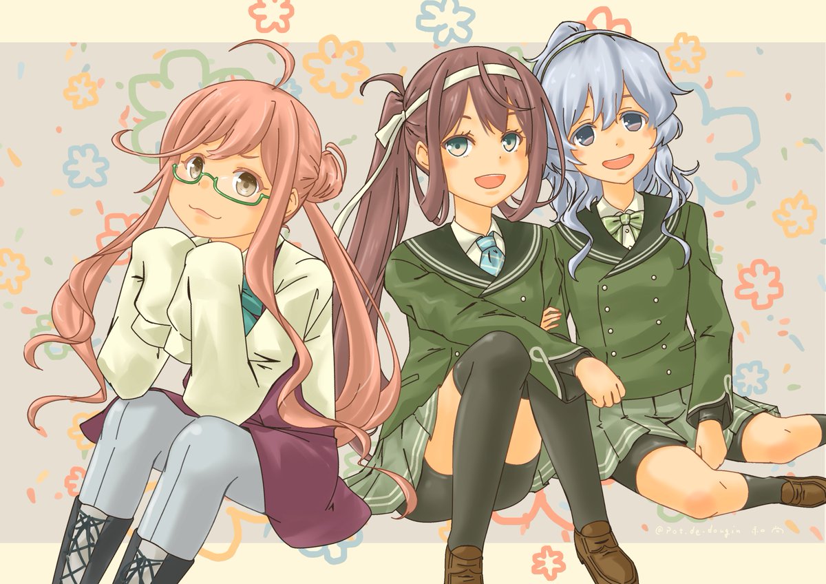 asagumo (kancolle) ,makigumo (kancolle) 3girls multiple girls twintails pink hair pantyhose grey eyes brown hair  illustration images