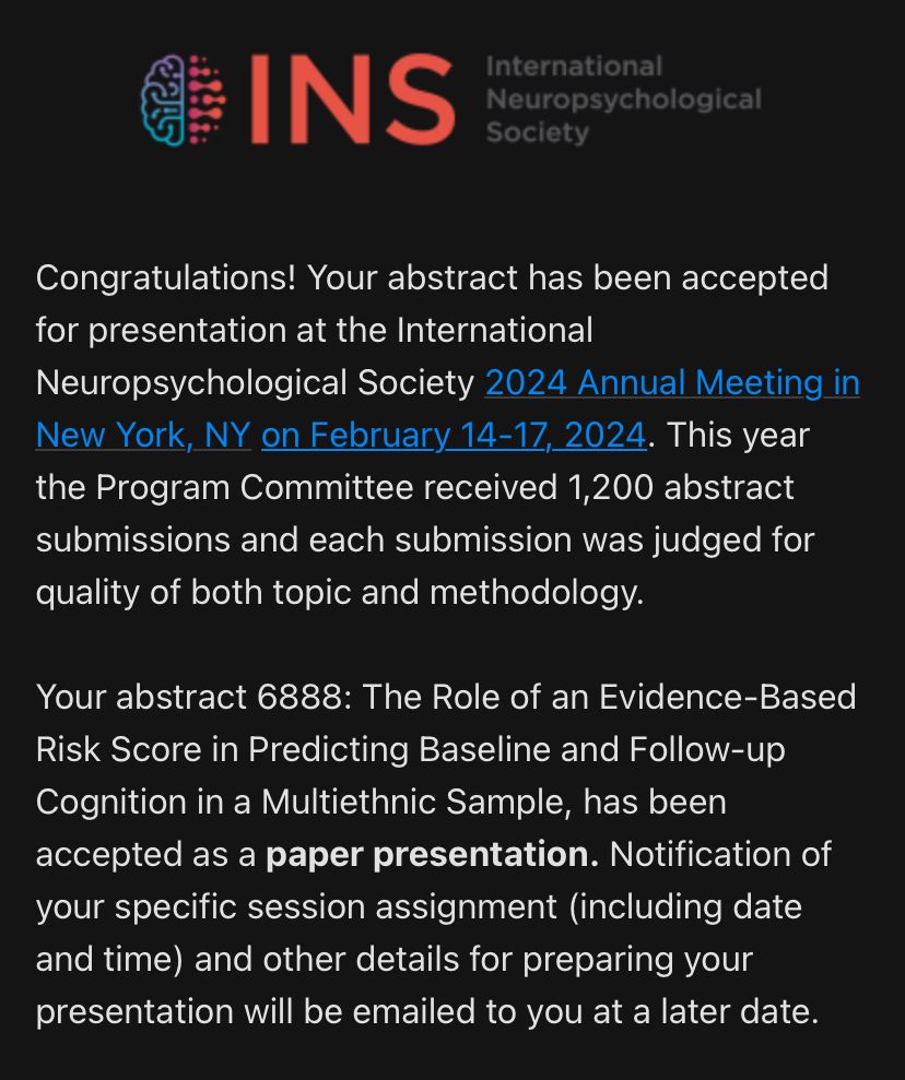 Beyond excited for my very first paper presentation at #INS2024inNYC !! 🧠Looking forward to seeing some amazing people, talking about the brain, and sharing my findings on how risk scores can help us understand dementia/cognition in diverse populations. <a href="/INSneuro/">INS</a> here we come!