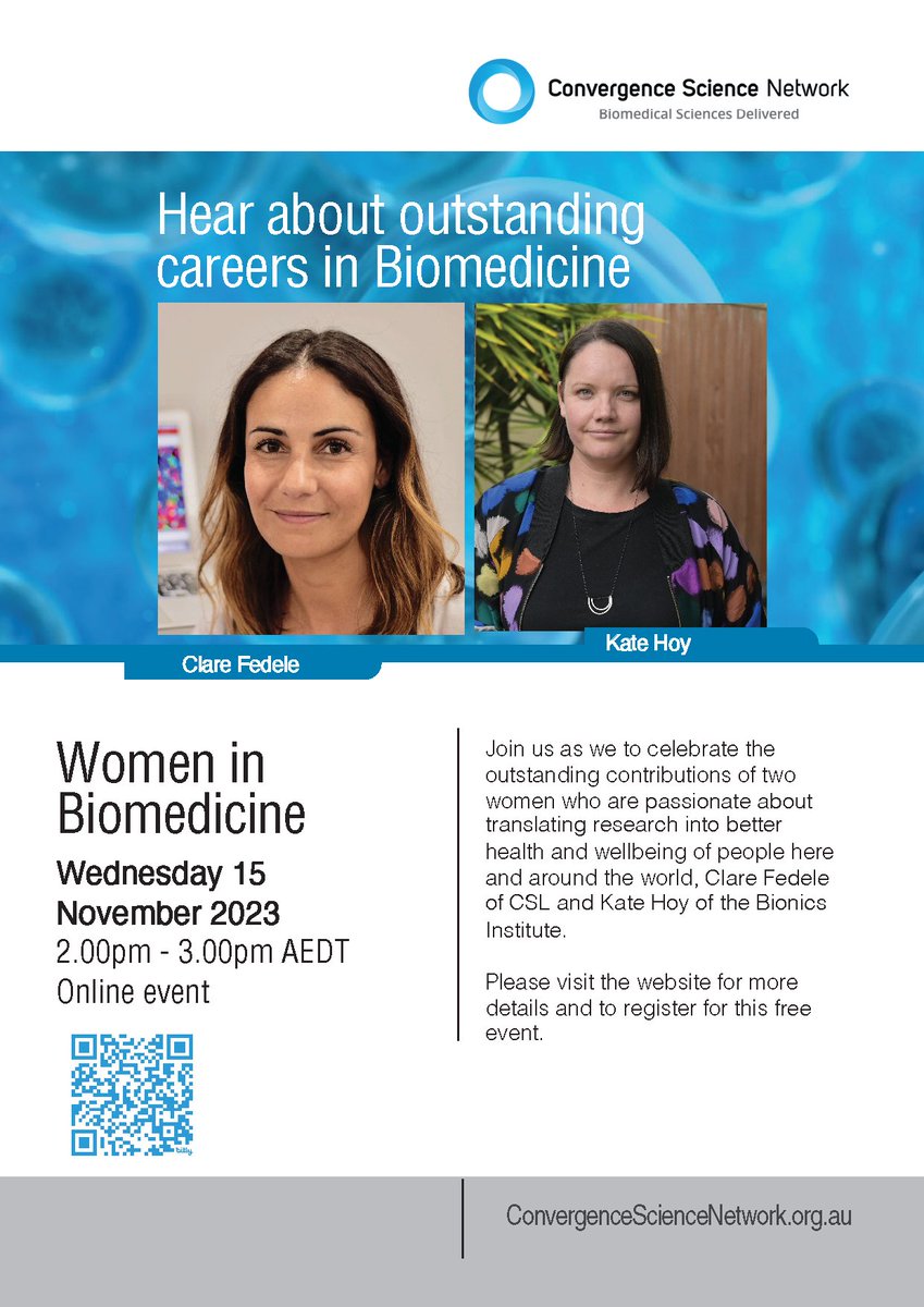 Looking forward to be inspired by the career journey of @DrClareFedele and @CognitiveTx in our upcoming #WomeninBiomed webinar, 15 November, 2pm-3pm AEDT. @CSL @BionicsInst #WomeninSTEMM #Womeninscience #scicomm