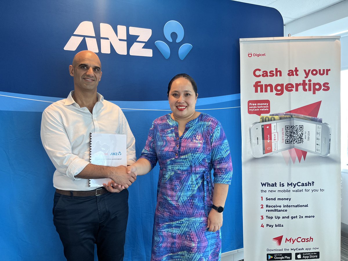 Digicel Fiji is excited to partner with ANZ Bank Fiji for Seamless Funds Transfer for customers to their Digicel MyCash mobile wallet via the ANZ Pacific App. This collaboration revolutionises access and benefits for all users across Fiji.

Read more : bit.ly/MyCashxANZ
