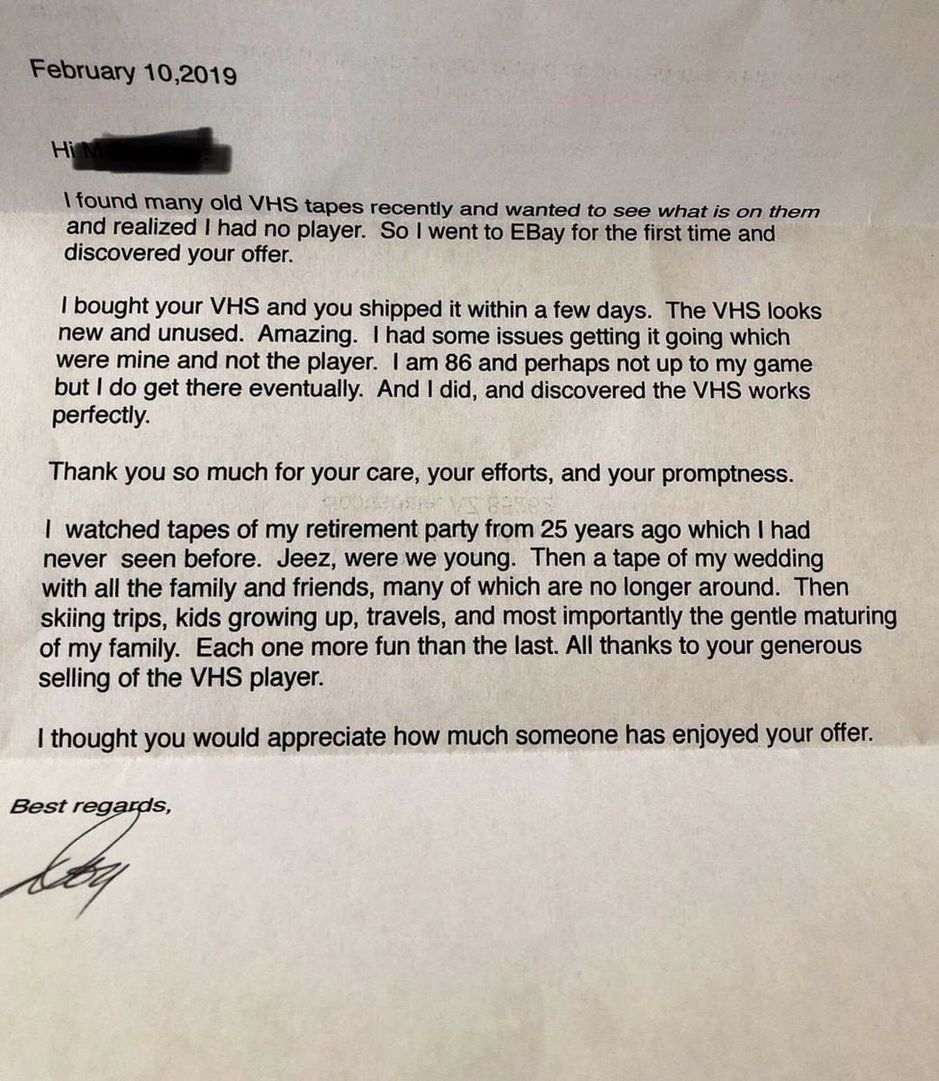 86 year old man sends heartfelt letter to eBay seller after buying VHS player