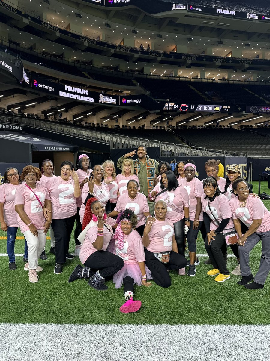 SaintsinComm's tweet image. .@Jaboowins invited 20 Breast Cancer survivors to the game today and after the win he met with them on the field signing autographs, taking pictures, and speaking with every single one of them! #CrucialCatch