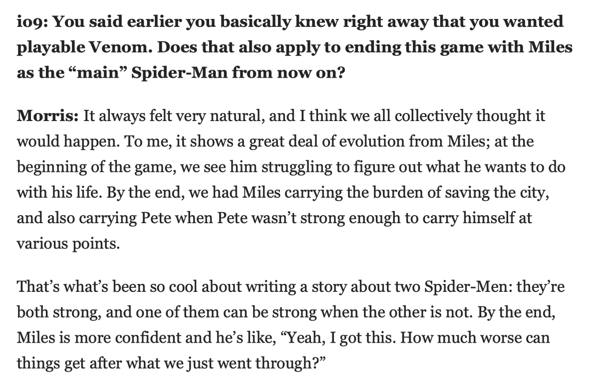 SpiderManIntel's tweet photo. Confirmed by Spider-Man 2 writer Brittney Morris in a recent interview with Gizmodo: https://t.co/LLtzae9esW https://t.co/VjpbvAAh7S