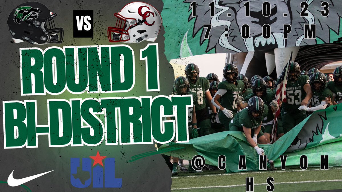 🚨ROUND 1 PLAYOFF INFO🚨
🆚 | Canyon 
📅 | Friday, Nov. 10th
⏰ | 7:00 pm 
🏟 | Cougar Stadium
#OneStandard #Attack #PartyInThePark <a href="/CoachQCPProud/">Coach Q</a> @LISD_AD <a href="/CedarParkFB/">Cedar Park Football Booster Club</a> <a href="/var_austin/">VAR</a>